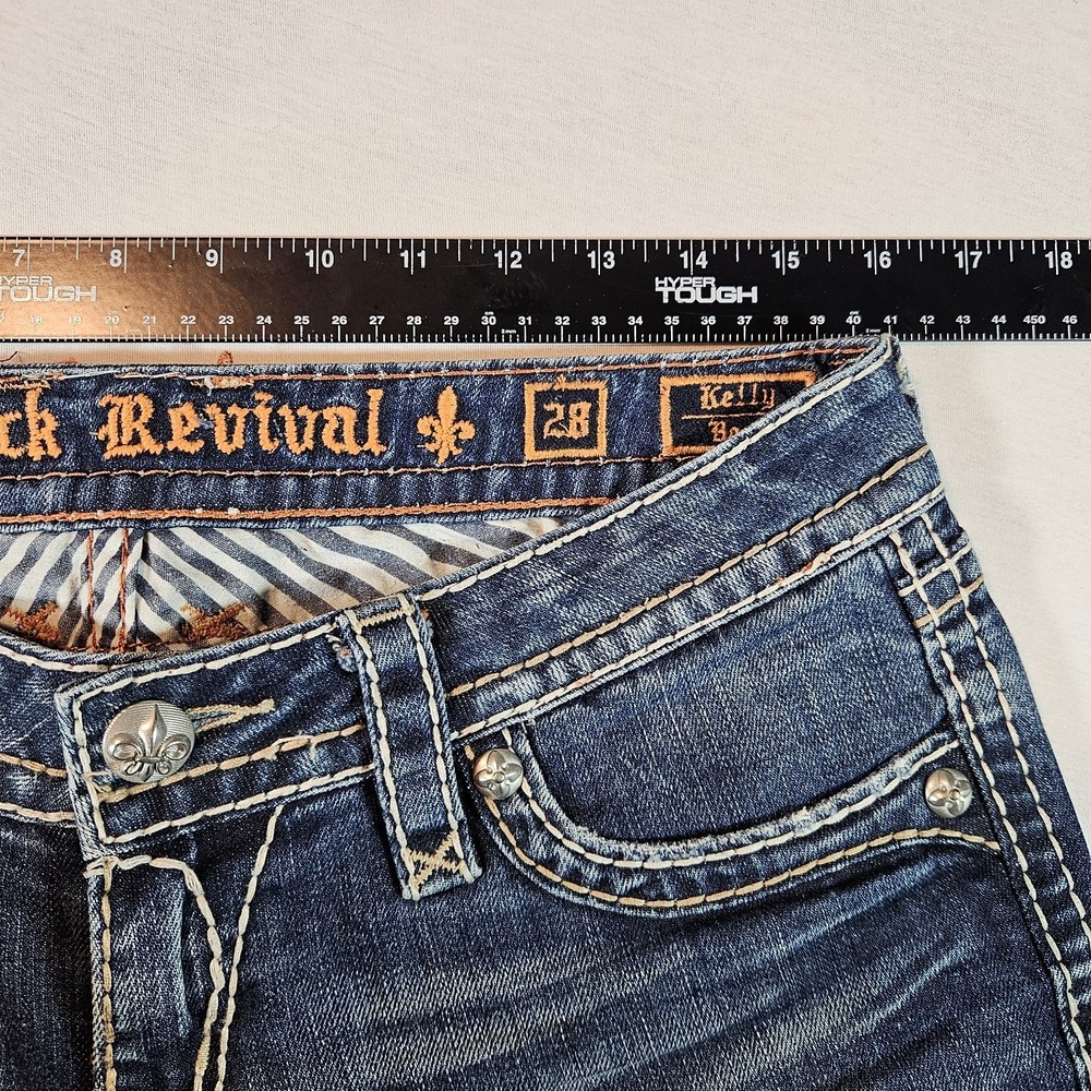 Rock Revival Jeans Kelly Boot 28 Thick Stitch Whiskering Embroidered Pockets - Picture 6 of 8